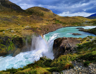 Patagonia Waterfall in mountains Torres del Paine National Park Chile