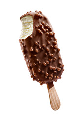 Chocolate coated ice cream with crisps on a stick, isolated