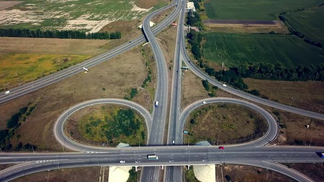 aerial view of road junction, large car interchange, aerial shot, Route Kiev Zhytomyr, Aerial highway junction, Drone footage of top view of Highway road junctions