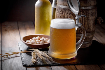 Light beer in a glass on the table