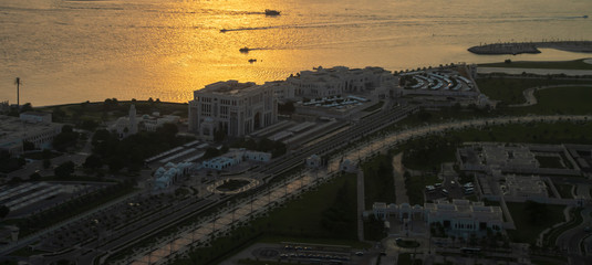 Fototapeta premium Beautiful panoramic view of the Ministry of Presidential Affairs and The Supreme Council for National Security in sunset in Abu Dhabi.
