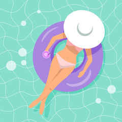 Woman with hat floating oh rubber ring, holding cocktail in hand, summer vector illustration