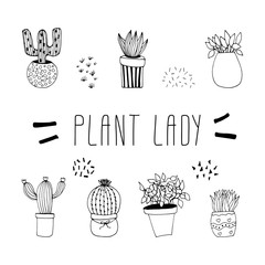 Cute hand drawn set of cactus pots. Doodle vector illustration house plants for wedding design, logo and greeting card. Isolated on white background.