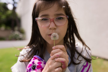 A girl is about to make a dandelion wish.