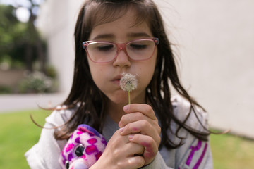 A girl is about to make a dandelion wish.