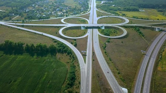 aerial view of road junction, large car interchange, aerial shot, Route Kiev Zhytomyr, Aerial highway junction, Drone footage of top view of Highway road junctions