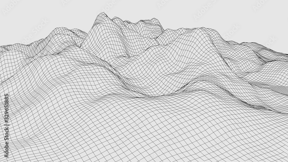 Poster vector wireframe 3d landscape. technology grid illustration. network of connected dots and lines. fu