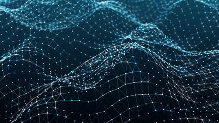 Naklejka premium Abstract dynamic wave of particles and lines. Big data. Network of bright connected dots and lines. Digital background. 3d rendering.