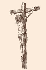 Jesus Christ crucified on a wooden cross. Vector illustration of a figure isolated on a beige background. Detail of an engraving by Albrecht Durer, Nunberg, 1508.