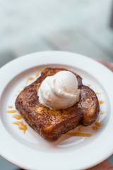 Brioche French Toast with Ice Cream and Caramel Sauce