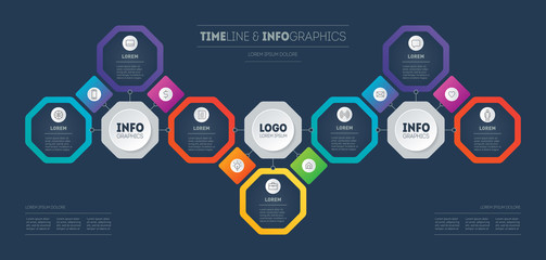 Presentation Template of Business development with 7 options and 13 icons. Infographics of technological or education process with seven points. Step-by-step instruction consisting of octagons.