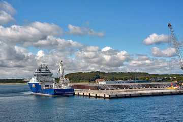 A ship moored in port in Sassnitz, Germany.