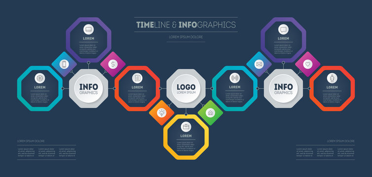 Presentation Template of Business development with 7 options and 13 icons. Infographics of technological or education process with seven points. Step-by-step instruction consisting of octagons.