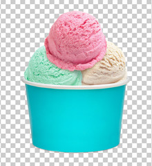 Strawberry, vanilla, mint ice cream scoops in white blank paper or cardboard cup on isolated  background including clipping path
