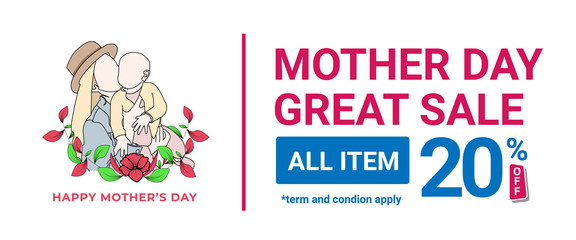 Fototapeta premium Mother day sale banner with illustration vector mom and kid