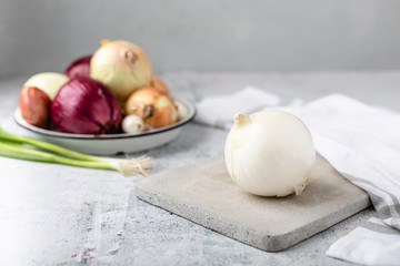 Whole White Onion on Cement Cutting Board with Several Varieties of Onions Out of Focus in Background