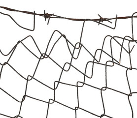 Old metal wire fence protection isolated on white background and texture, clipping path