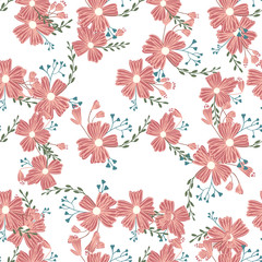 Seamless pattern with colorful hand drawn flowers. Original textile, wrapping paper, wall art surface design. Vector illustration. Floral simple minimalistic graphic