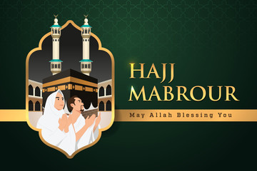 Hajj Mabrour background with Kaaba, man and woman Hajj or umrah Character