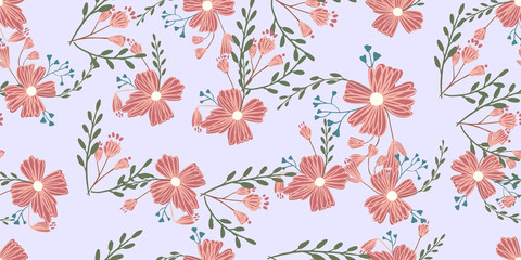 Seamless pattern with colorful hand drawn flowers. Original textile, wrapping paper, wall art surface design. Vector illustration. Floral simple minimalistic graphic
