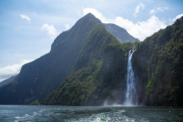Stirling Falls in Milford Sound, part of Fiordland National Park, New Zealand