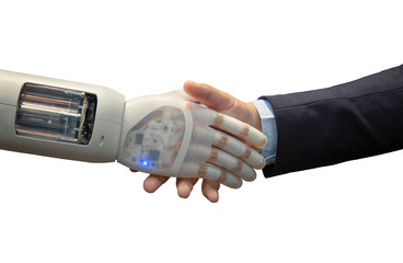 Robot hand shaking human hand isolated on white background
