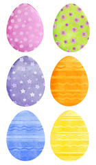Big collection of watercolor hand drawn easter eggs. isolated on a white background. Pink, orange, blue, violet, yellow and light green eggs with patterns. (Dots, stripes, lines, waves and flowers)