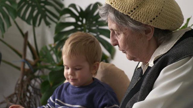 Great-grandmother Reading Book with Great-grandchild. Active Elderly Woman Babysitting with Little Child Showing Pictures on Pages of a Book at Home Daytime. Slow motion 0.5 speed 60 fps