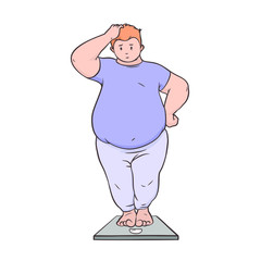 Shocked fat man standing on the scales. Cartoon character. Vector illustration.