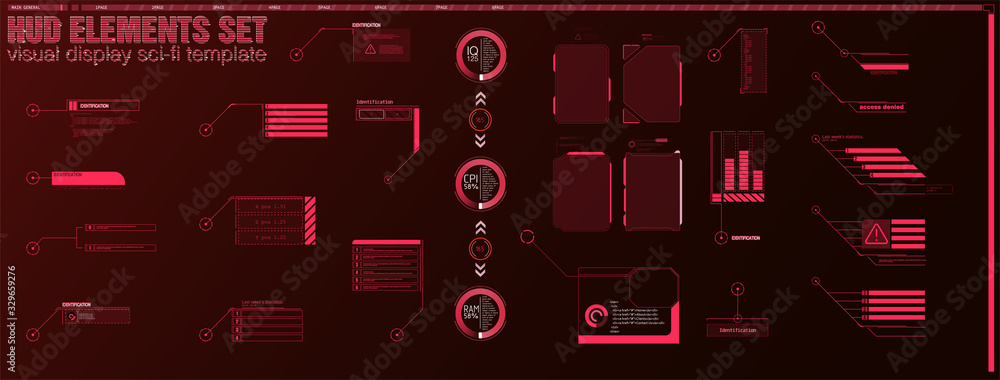 Poster RED Futuristic Vector HUD Interface Screen Design. Digital callouts titles. HUD UI GUI futuristic user interface screen elements set. High tech screen for video game. Sci-fi concept design.