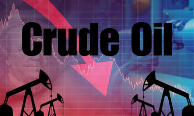 Decline in crude oil prices. Drop in hydrocarbon prices. Logo oil on the background of pumps. The...