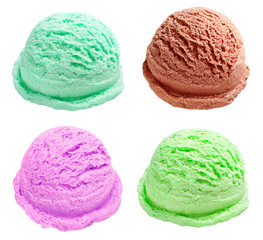 strawberry, chocolate and vanilla ice cream scoops or balls isolated on white background including clipping path.