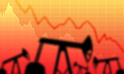 Lower oil prices. Oil rigs on the background of the falling schedule. Chart is dropping next to the...