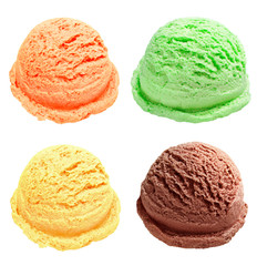 mint, chocolate and vanilla ice cream scoops or balls isolated on white background