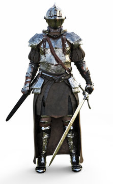 Brave medieval knight standing with a full suit of armor and holding a sword weapon on a white background. 3d rendering