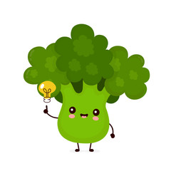 Cute happy broccoli vegetable with light bulb