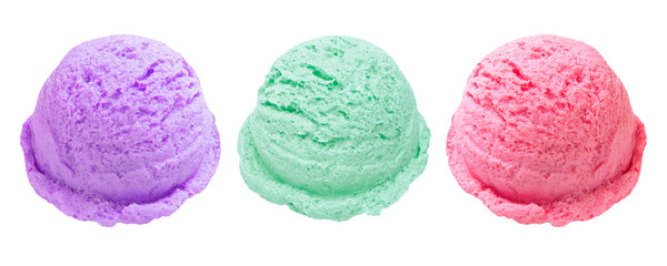 strawberry, blueberry and mint ice cream scoops or balls isolated on white background including clipping path.