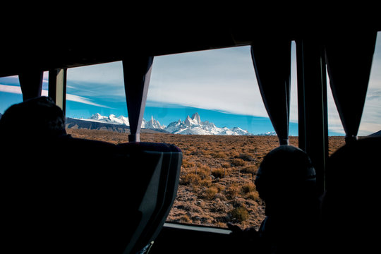 Detail of mount alpine Fitz Roy seen from a bus window in a road to El Chalt&eacute;n, Argentina.