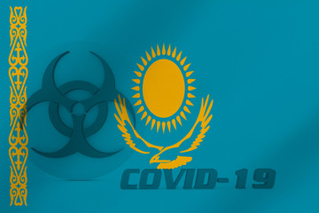 3D ILLUSTRATION VIRUS, BIOHAZARD SYMBOL CORONAVIRUS WITH Kazakhstan FLAG, Flu coronavirus floating, micro view, pandemic virus infection, asian flu.