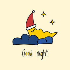 Sleeping moon cartoon card concept with good night text.