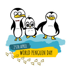 World penguin day. Creative cartoon banner. World penguin day is celebrated on April 25. Isolated vector drawing.