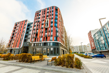 Kiev, Ukraine - 13.11.2019: Residential district "Respublika" - bright facade geometry
