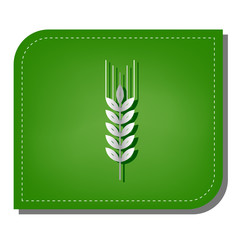 Wheat sign illustration. Spike. Spica. Silver gradient line icon with dark green shadow at ecological patched green leaf. Illustration.