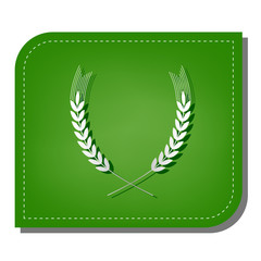 Wheat sign illustration. Spike. Spica. Silver gradient line icon with dark green shadow at ecological patched green leaf. Illustration.