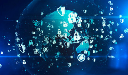 Cyber security symbols on digital globe background