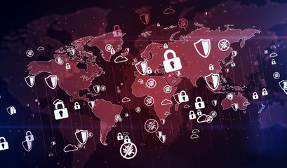 Cyber security symbols on digital globe background