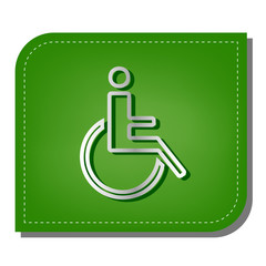 Disabled sign illustration. Silver gradient line icon with dark green shadow at ecological patched green leaf. Illustration.