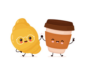 Cute happy smiling croissant and coffee cup