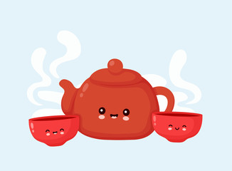 Cute happy smiling teapot and tea bowls