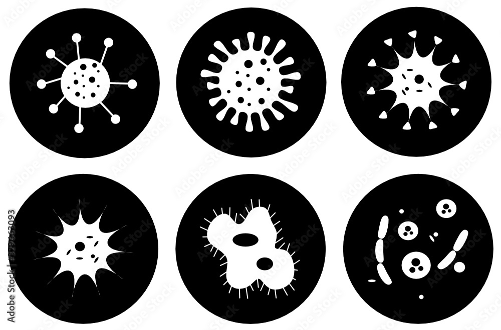 Poster corona virus vector icons set. bacteria, microbes and virus, sign and symbols in flat design health 